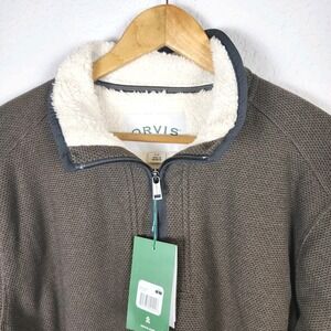 Orvis Quarter Zip Sherpa Lined Pullover Sweater Mens Large Brown Pockets NEW